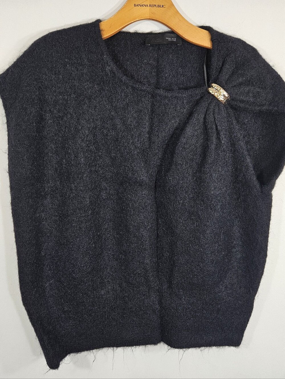 Zara Black Crewneck Sweater with Decorative Pin